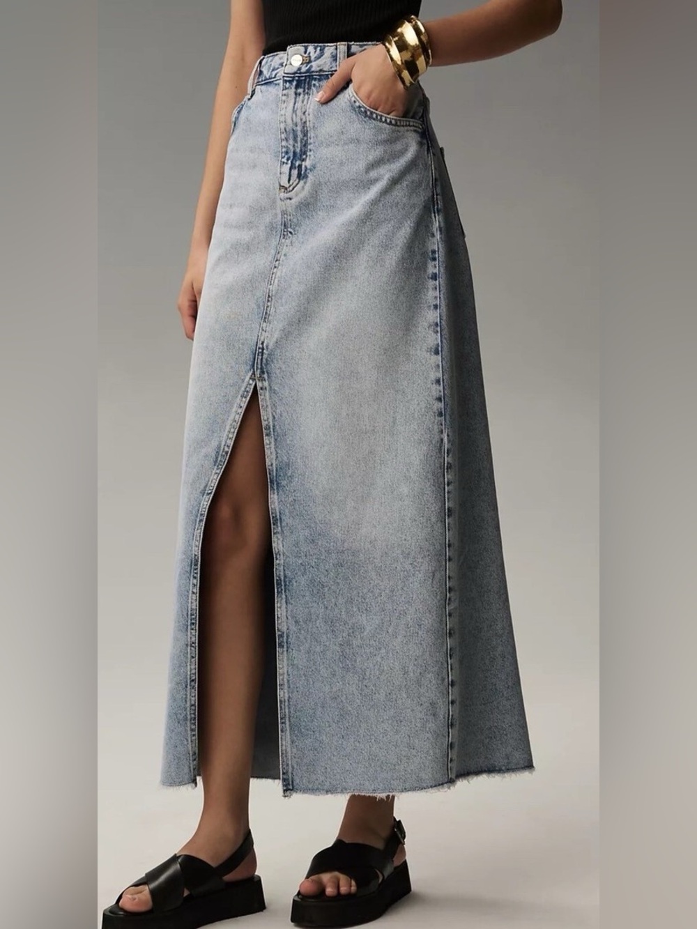 By Anthropologie Pilcro Light Blue Denim Maxi Skirt with Front Slit - Picture 4 of 16